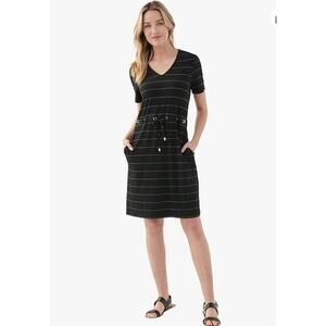 Joseph Ribkoff Womens 10 Black Cream Striped V Neck Mini Dress Casual NEW